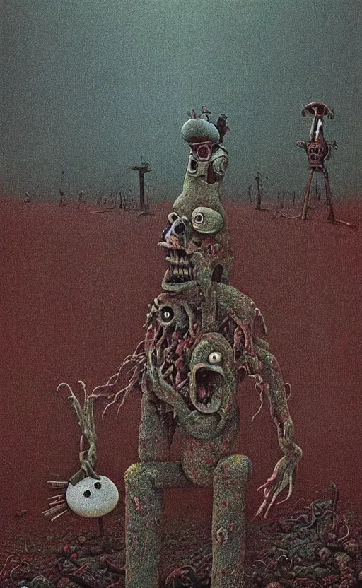 Image similar to spongebob squarepants in style of zdzisław beksinski, standing in wasteland, horror art, creepy, desolate