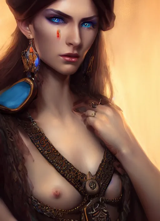 Prompt: Beautiful Arab girl, blue eyes, leather, portrait, fantasy, medieval, vivid colors, elegant, concept art, sharp focus, beautiful face, digital art, Hyper-realistic, 4K, Unreal Engine, Highly Detailed, HD, Dramatic Lighting by Brom, trending on Artstation