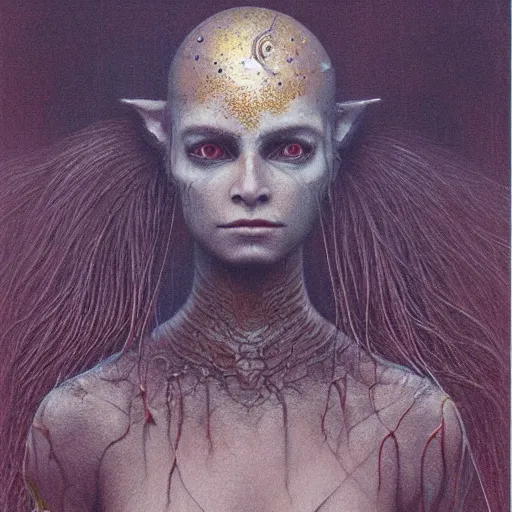 Image similar to portrait of ethereal goblin princess in golden armour by Beksinski