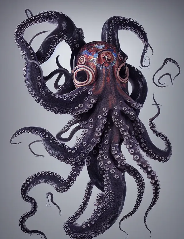 Image similar to 3 d goddess octopus half - turn portrait with long hair with ram skull. beautiful intricately detailed japanese crow kitsune mask and clasical japanese kimono. betta fish, jellyfish phoenix, bio luminescent, plasma, ice, water, wind, creature, artwork by tooth wu and wlop and beeple and greg rutkowski