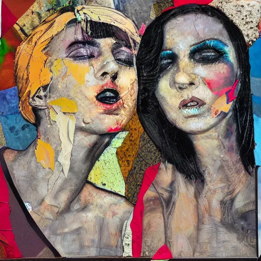 Prompt: mixed media collage of two women kissing, highly detailed, oil paint and canvas texture, punk expressionism