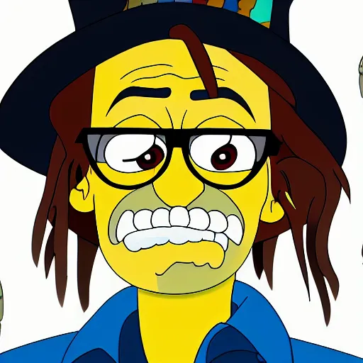 Prompt: a still of johnny depp, animated in the style of the!!!!!!!! simpsons, yellow skin