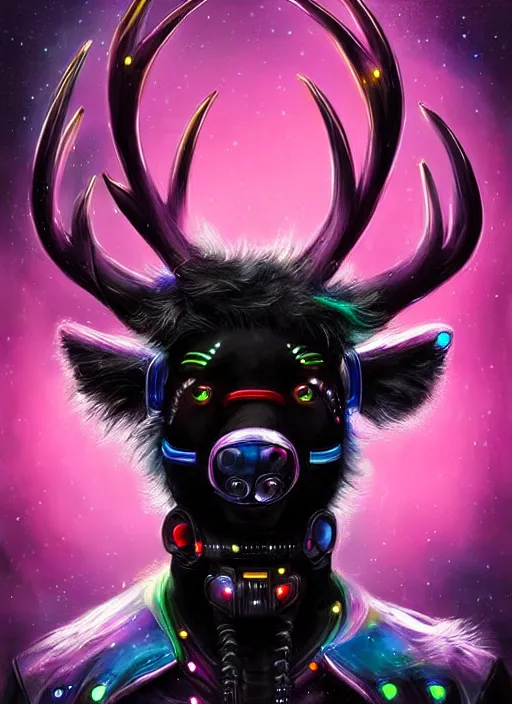 Image similar to award winning beautiful portrait commission of a male furry anthro Black Reindeer cyberpunk fursona with a tail, wings, wings, wings and a cute beautiful attractive detailed furry face wearing stylish black and rainbow galaxy clothes, outline, in a cyberpunk city at night while it rains. Character design by charlie bowater, ross tran, artgerm, and makoto shinkai, detailed, inked, western comic book art