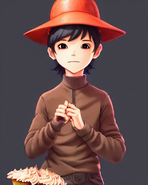 Image similar to a boy as personification of chocolate cupcake, cute hats, unreal engine, highly detailed, digital illustration by artgerm, tooth wu, studio ghibli, deviantart, sharp focus, artstation, a fantasy bakery by studio ghibli, makito shinkai, global illumination, sweets, dog