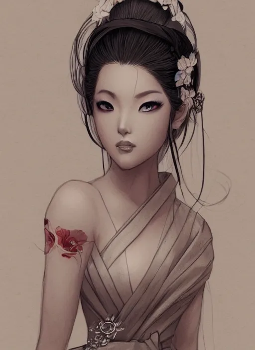 Image similar to a detailed hand drawn sketch of a stunning geisha princess, muted colors, artgerm, NeoArtCorE, artstation