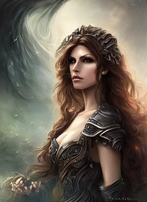 Image similar to a beautiful woman paladin with cloack, 8 k, sensual, hyperrealistic, hyperdetailed, beautiful face, long hair windy, dark fantasy, fantasy portrait by laura sava