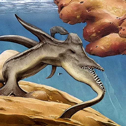 Image similar to deep sea plesiosaurus attacks squid