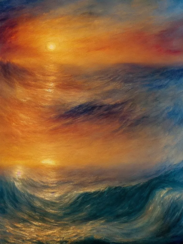 Image similar to a painting of beautiful waves in a colorful ocean during a breathtakingly misty sunset in the style of Joseph Mallord William Turner, artstudio, light oil color scheme