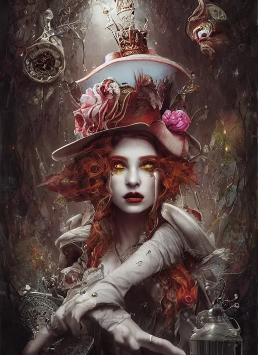 Image similar to Mad Hatter and Queen of Hearts,highly detailed,cinematic,8k,by Stanley Artgermm,Tom Bagshaw,Greg Rutkowski,Carne Griffiths, Ayami Kojima, Beksinski, Giger,Anne Stokes, Benjamin Lacombe,trending on DeviantArt,hyper detailed,horror, full of colour