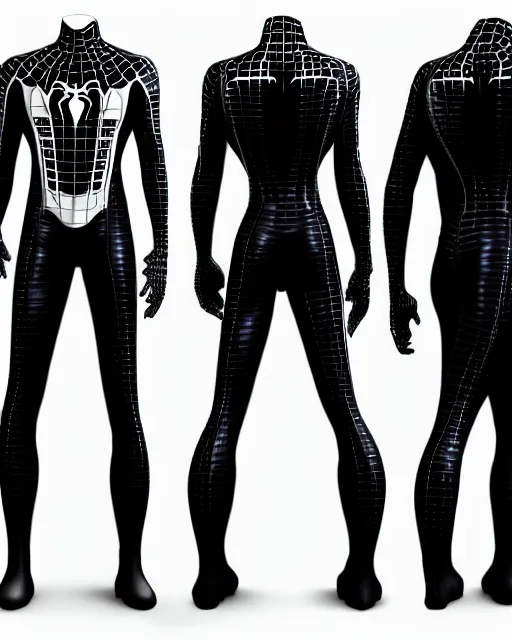 Image similar to black and white cyberpunk spiderman future foundation suit sleek greeble suit concept design