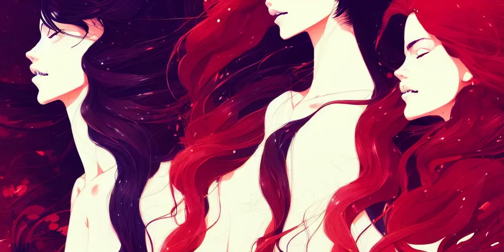 Image similar to a ultradetailed beautiful panting of two stylish woman with flowing hair standing back to back, by conrad roset, greg rutkowski and makoto shinkai, trending on artstation