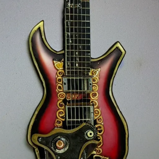 Prompt: photo of a steampunk electric guitar with ornaments and gems, ultra realistic