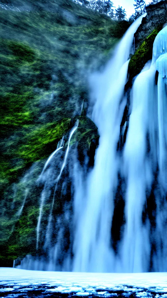 Image similar to highly detailed hd photo art of waterfall from ice mountains in the style of Greg Rutswoski, wide angle shot, concept art, 8K detail post-processing