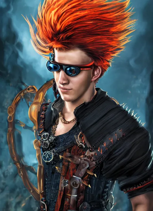 Prompt: An epic fantasy comic book style portrait painting of young man with red spiked long hair, using an steampunk orange googles. Wearing a black waistcoat, white shirt. Fire on his hands. Unreal 5, DAZ, hyperrealistic, octane render, cosplay, RPG portrait, dynamic lighting