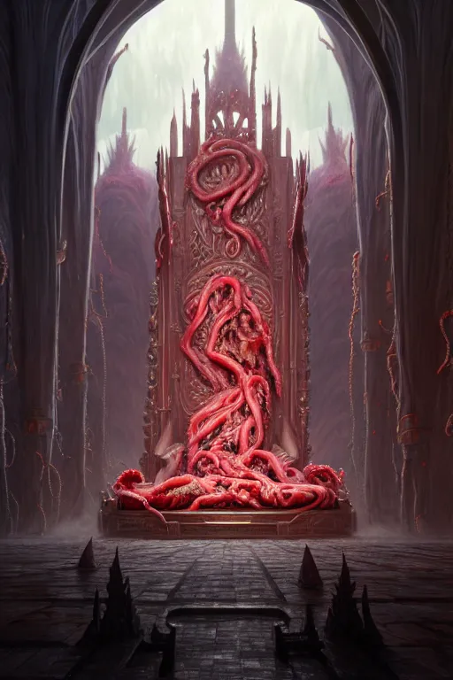 Prompt: a highly detailed matte painting of abominations kneeling inside an expansive throne room with an enormous throne made of writhing flesh and entrails by studio ghibli, makoto shinkai, by artgerm, by wlop, by greg rutkowski, red tones, volumetric lighting, octane render, 4 k resolution, trending on artstation, masterpiece