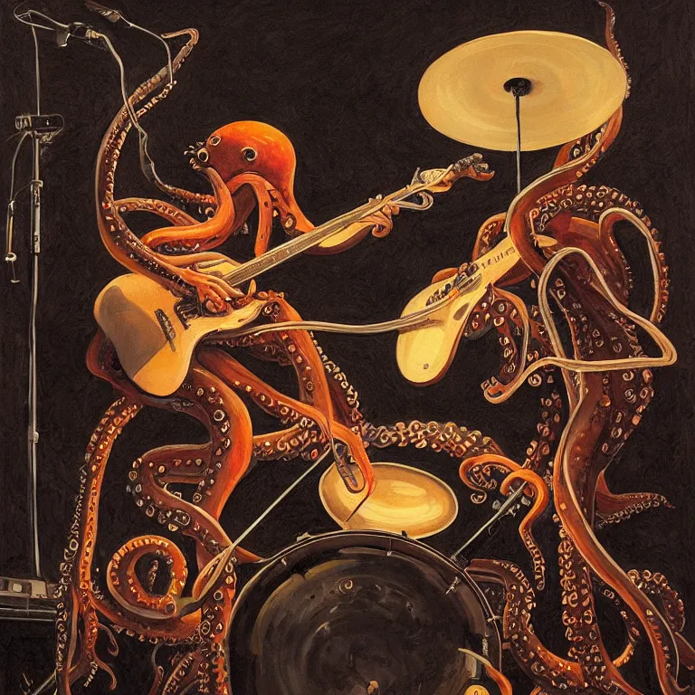 Image similar to a beautiful painting by gerald brom of a couple of octopus playing drums and telecaster guitar in an electronic concert, black background, concert light, dark mood, warm lights