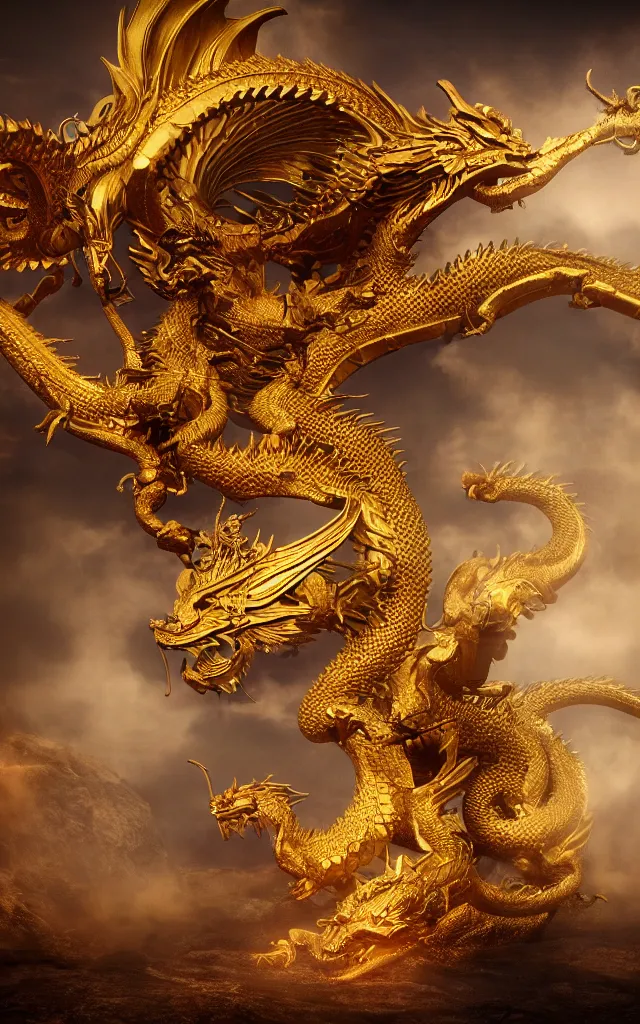 Prompt: depicting a golden dragon. hyper - real, ultra realistic, dark atmosphere, cinematic, 8 k, octane render