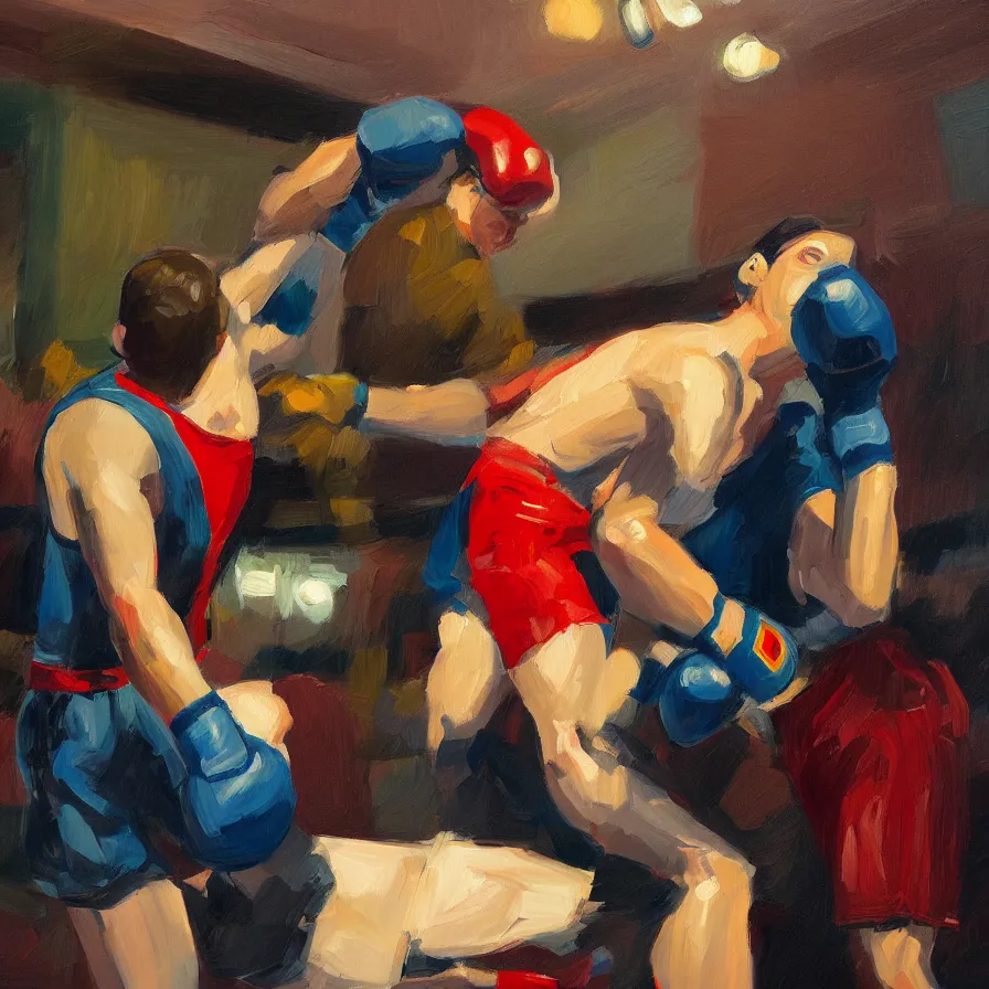 Image similar to a portrait of of boxing man, in the style of edward hopper, in the style of max ginsburg, realism, very small brushstrokes, cinematic lighting, moody, very aesthetic, boxing in an arena, big crowd in the back, flashing lights, 4 k,