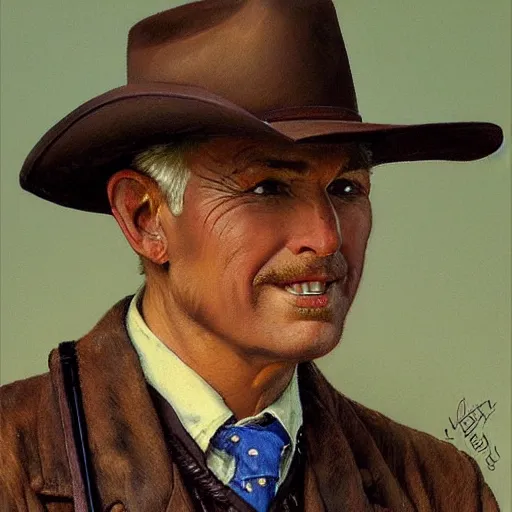 Prompt: portrait illustration of a man, cowboy hat, portrait, , wild west, fantasy, highly detailed, oil painting, illustration, art by Charles E. Chambers, J. C. Leyendecker and norman rockwell. Trending face portrait paintings