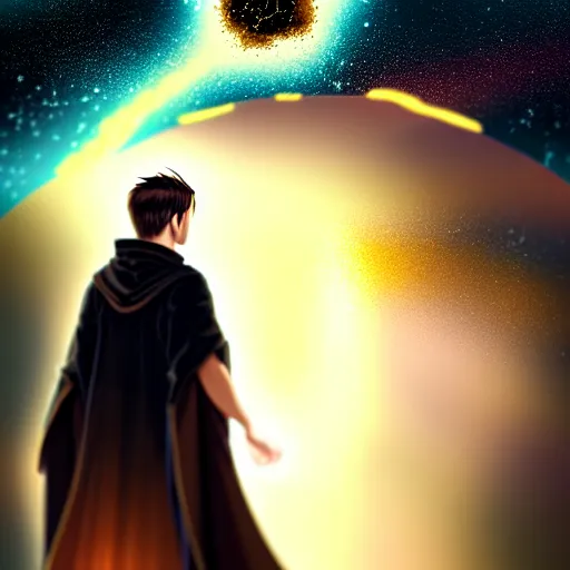 Image similar to a man with with brown hair, wearing a black robe with the tips made of gold, setting in space with a galaxy in the backround, depth of field, on amino, by sakimichan patreon, wlop, weibo high quality art on artstation