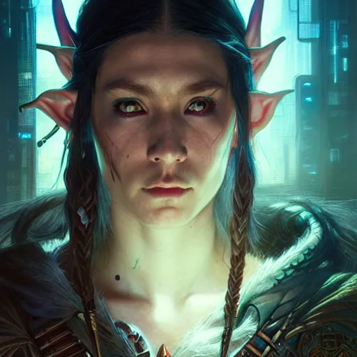 Prompt: portrait painting of a cyberpunk native american elf elven street samurai, ultra realistic, concept art, intricate details, eerie, highly detailed, photorealistic, octane render, 8 k, unreal engine. art by artgerm and greg rutkowski and charlie bowater and magali villeneuve and alphonse mucha