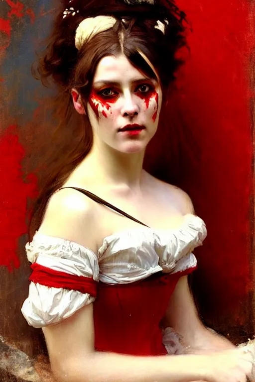 Prompt: solomon joseph solomon and richard schmid and jeremy lipking victorian genre painting portrait painting of a young beautiful woman traditional german french actress model pirate wench in fantasy costume, red background