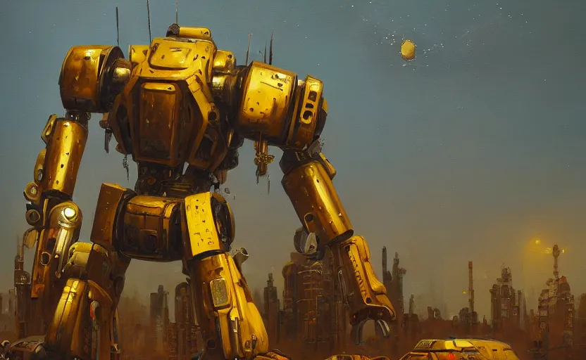 Image similar to an intricate oil painting of a giant armored plated metal mecha by simon stalenhag, rust, yellow and black trim, trending on artstation