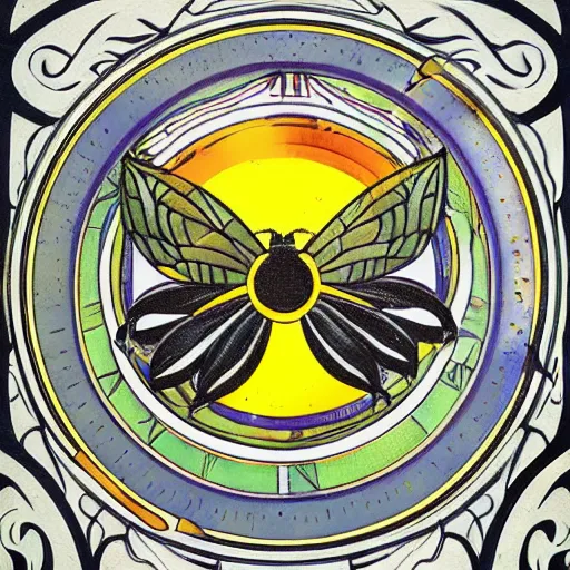 Prompt: a ritual spell with a bumblebee at the middle of a bullseye, fantasy illustration, art nouveau