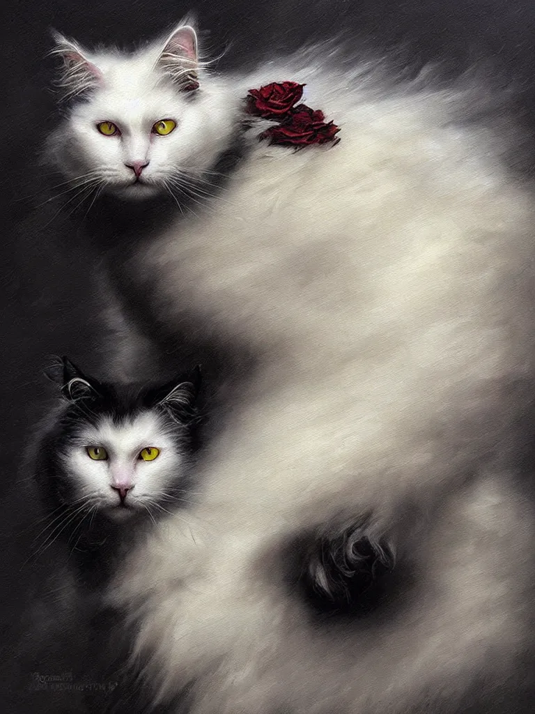 Image similar to highly detailed oil painting | very intricate | cinematic lighting | black, white and blood color scheme, dark background | portrait of a exquisite beautiful white fluffy cat with yellow eyes, gothic fog ambience, hyper realistic head, fantasy victorian art, in the style of greg rutkowski, zdizslaw beksinski, intricate, alphonse mucha