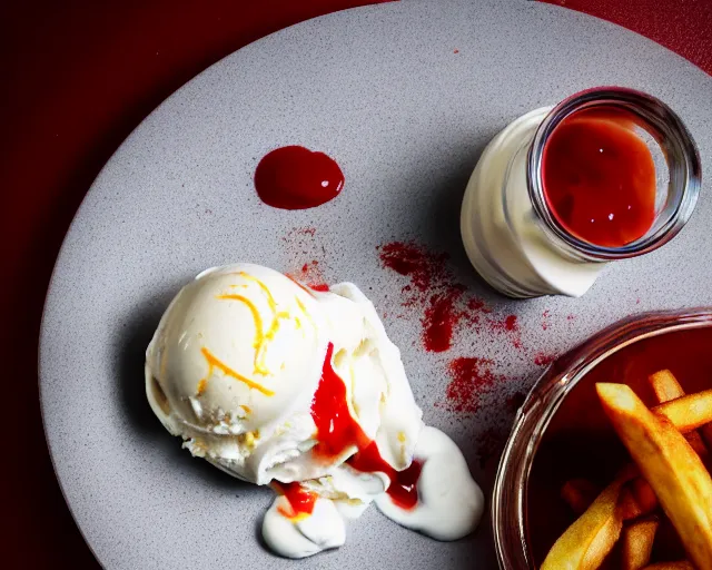 Prompt: dslr food photograph of vanilla ice cream with ketchup on, a leaf on the ice cream, french fries on the side, a bottle of ketchup, bokeh, 8 5 mm f 1. 4