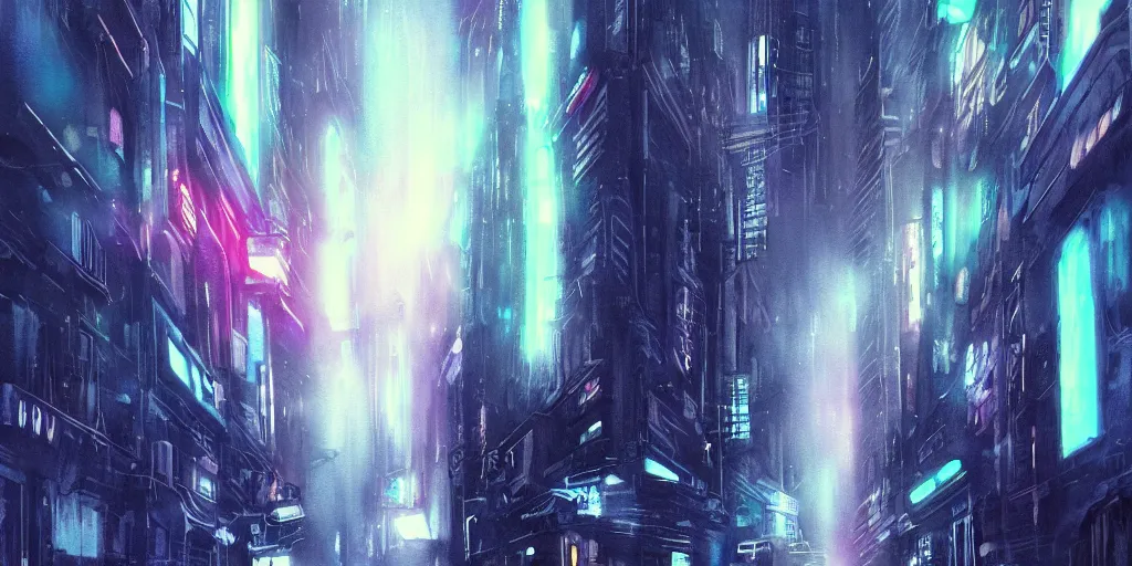 Prompt: warp speed concept art blade runner 2049 tron neon night alleyway diffusion clouds mist New York cityscape helium 44-2 watercolor artstation digital art 8k