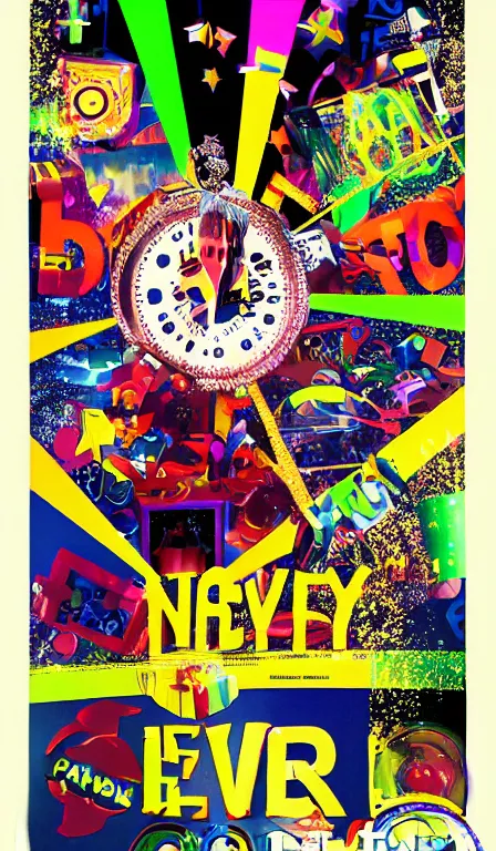 Image similar to Poster for a New Year's Eve rave, pastiche, collage, postmodern, early 3DCG, late 90s