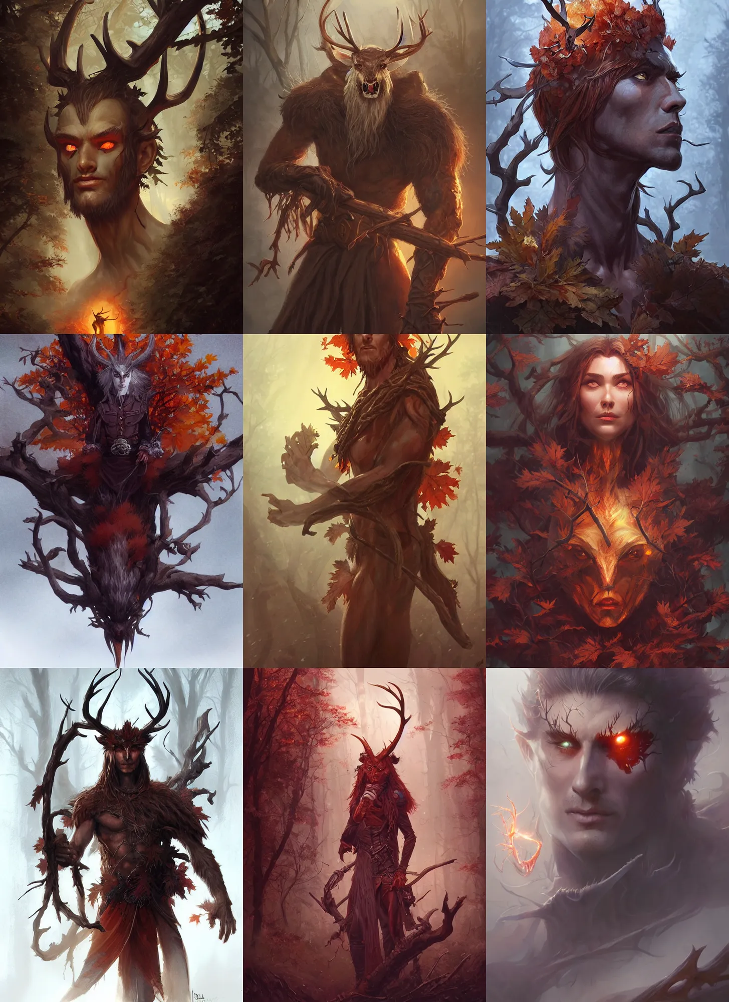 Prompt: autumnal herne the hunter, d & d, fantasy, portrait, highly detailed, digital painting, trending on artstation, concept art, sharp focus, illustration, art by artgerm and greg rutkowski and magali villeneuve