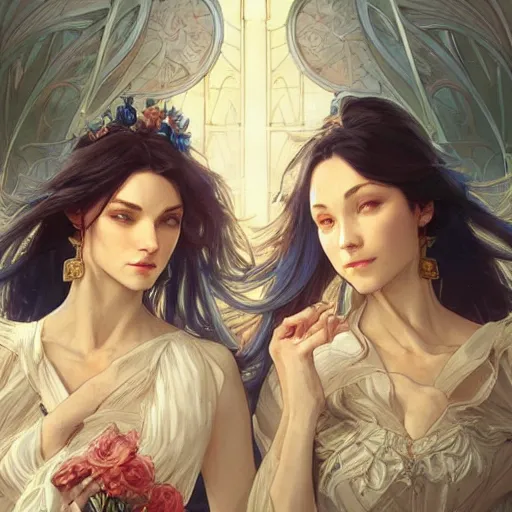 Prompt: two beautiful identical mages, intricate, elegant, highly detailed, digital painting, artstation, concept art, smooth, sharp focus, illustration, art by artgerm and greg rutkowski and alphonse mucha, clean detailed anime style