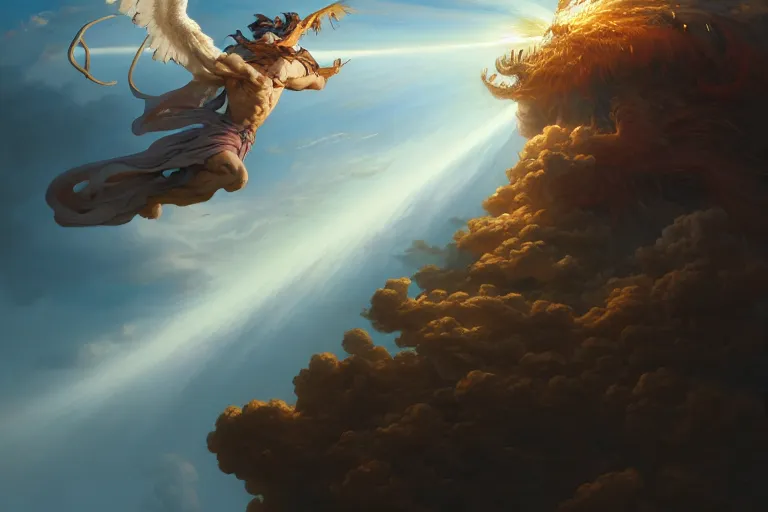 Image similar to god striking upon the earth from the heavens, powerful angels, godly powers, higher power, jesper ejsing, james jean, justin gerard, tomasz alen kopera, cgsociety, fenghua zhong, makoto shinkai, octane render, highly detailed, rim light, art, cinematic lighting, very coherent, hyper realism, high detail, 8 k