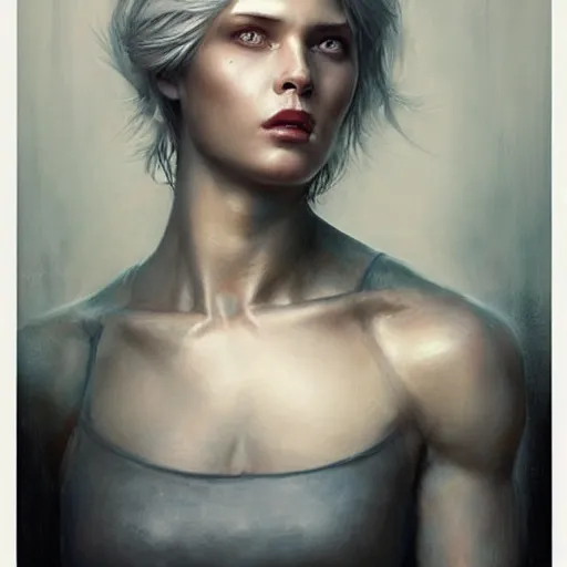 Image similar to painting of a beautiful grey haired girl with muscles, by tom bagshaw, greg rutkowski, wlop