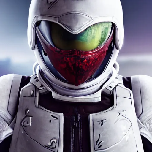 Image similar to a young female soldier with soot stained face, no makeup, in glossy sleek white bloodstained armor inspired by samus aran, long torn red cape, heroic posture, determined expression, no helmet, on the surface of mars, dramatic lighting, cinematic, sci-fi, hyperrealistic, detailed