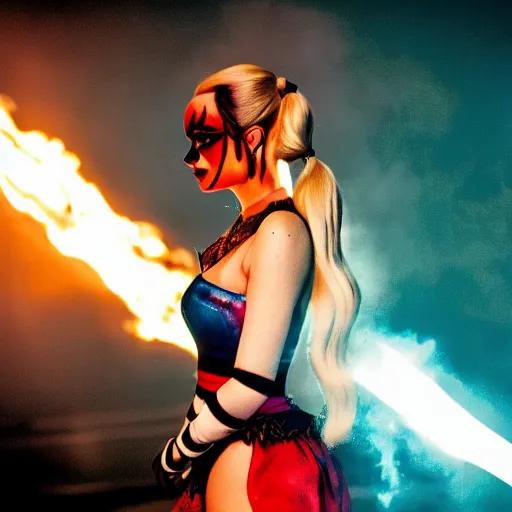 Prompt: photo of Margot Robbie as Harley Quinn, fire in background, bokeh, medium full shot, highly detailed skin and detailed face, flares, multicolor smoke