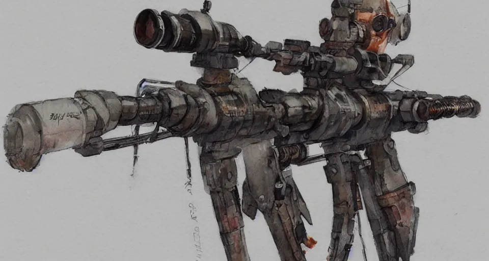 Image similar to concept art of a sniper rifle in futuristic, fantasy, steampunk, pinterest, artstation trending, behance, watercolor, by coby whitmore, silver, laser light,