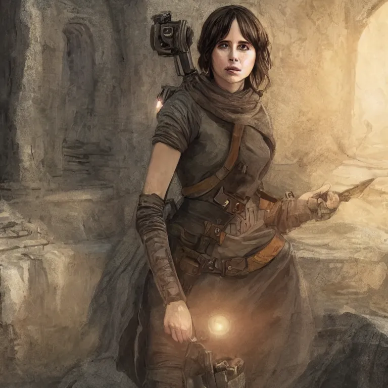 Image similar to portrait of jyn erso as a beautiful medieval maiden in a stone courtyard holding a rotary telephone, confident pose, coherent, insane detail, concept art, character concept, cinematic lighting, global illumination radiating a glowing aura