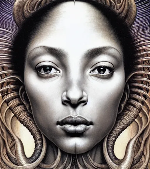 Image similar to detailed realistic beautiful young sade adu face portrait by jean delville, gustave dore and marco mazzoni, art nouveau, symbolist, visionary, baroque, intricate biomechanical fractal. horizontal symmetry by zdzisław beksinski, iris van herpen, raymond swanland and alphonse mucha. highly detailed, hyper - real, beautiful