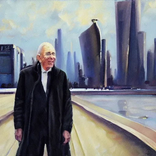 Prompt: oil painting of an old man wearing a black coat standing in a futuristic robotic city, somber,