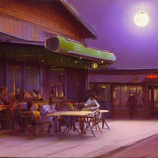 Prompt: painting of syd mead artlilery scifi organic shaped diner exterior with ornate metal work lands on a farm, fossil ornaments, volumetric lights, purple sun, andreas achenbach