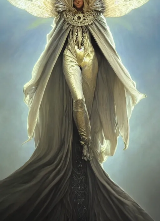 Image similar to Portrait of Prime Minister Scott Morrison, silver shaggy hair, cloak, ethereal wings, fantasy, extremely detailed, digital painting, artstation, concept art, smooth, sharp focus, illustration, stunning lighting, art by artgerm and greg rutkowski and alphonse mucha and simon stalenhag, realistic character concept, high fantasy, light atmosphere, golden ratio, cinematic lighting, hyperdetailed, high resolution, insanely detailed and intricate, artstation, Marc Simonetti, Greg Rutkowski, 8k