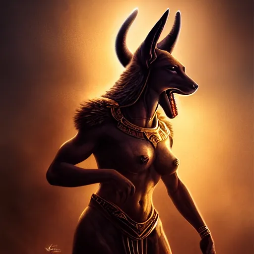 Image similar to Majestic gracious Anubis female warrior portrait, atmospheric lighting, painted, intricate, volumetric lighting, beautiful, rich deep colours masterpiece, golden hour, sharp focus, ultra detailed, by Leesha Hannigan, Ross Tran, Thierry Doizon, Kai Carpenter, Ignacio Fernández Ríos