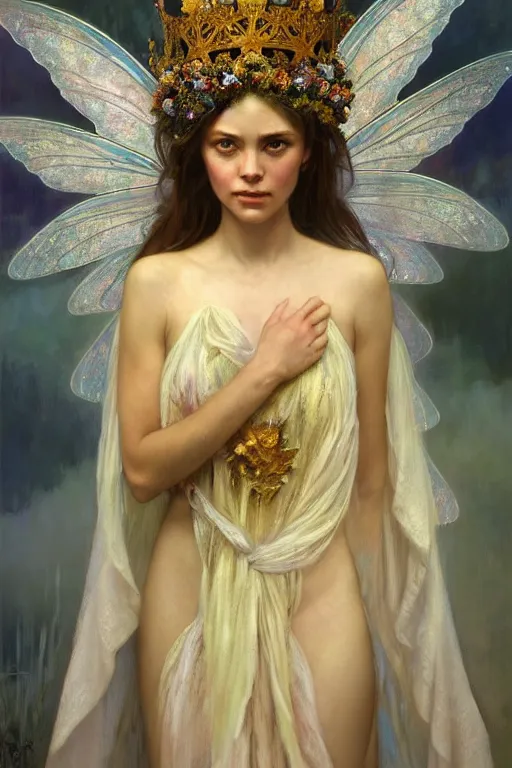 Image similar to hyperrealist portrait of a fairy girl emperorit is decorated with long robes that fall like stars and wears a huge crown. by jeremy mann and alphonse mucha, fantasy art, photo realistic, dynamic lighting, artstation, poster, volumetric lighting, very detailed faces, 4 k, award winning