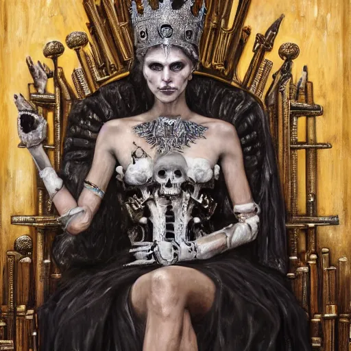 Image similar to queen of bones, sitting on a throne, detailed face, with a crown of skulls, skull earings ( blade runner, cyberpunk ) portrait by john william waterhouse and james gurney and theodore ralli and nasreddine dinet, oil on canvas. cinematic, hyper realism, realistic proportions, dramatic lighting, high detail 4 k