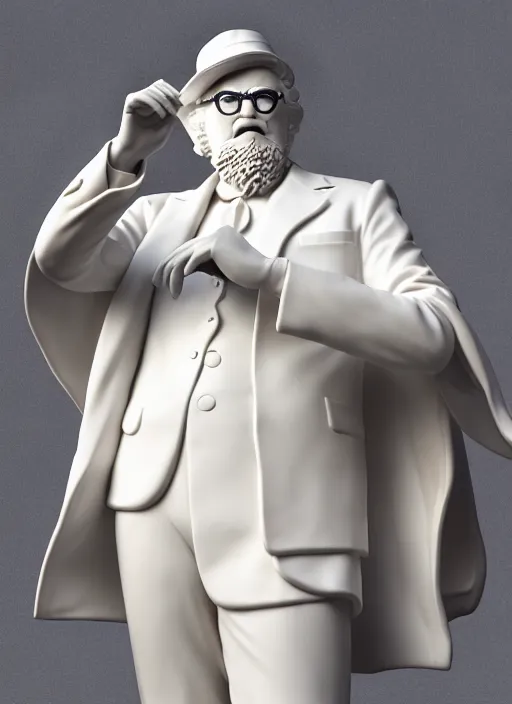 Image similar to colonel sanders with kfc bucket as marble statue by michaelangelo, realistic 3 d render, high lights, 4 k, high detailed photography cape, 5 0 mm lens, depth of field, cinematic