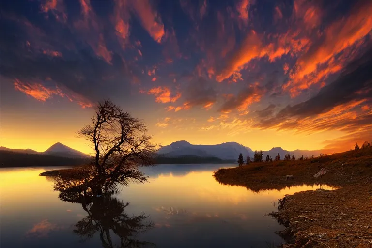 Image similar to beautiful very old photo of a landscape of mountains with lake and a dead tree in the foreground by Marc Adamus, sunset, dramatic sky, 1920