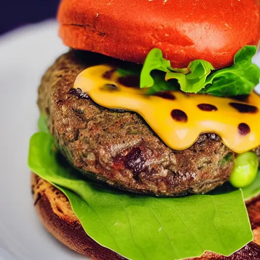 Image similar to perfect bean burger, award winning photo, food photography, golden hour